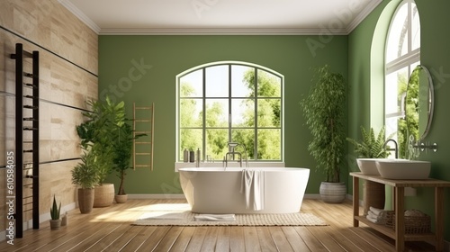 Interior of a modern bathroom with a green wall  a wooden floor  a loft window  a ladder  a wooden sink  and a bathtub. Spas  hotels  and upscale properties a mockup Generative AI