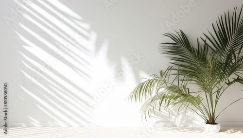 Palm plant standing again wall with natural light shine up on for E-commerce, Retail, Online Shop, Product Photography, Beauty, Cosmetics, Fashion, showcase for advertisement, generative ai