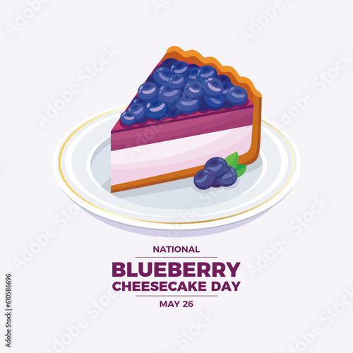 National Blueberry Cheesecake Day vector illustration. Piece of blueberry fruit cake on a plate icon vector. Slice of blueberry cake drawing. May 26 every year. Important day