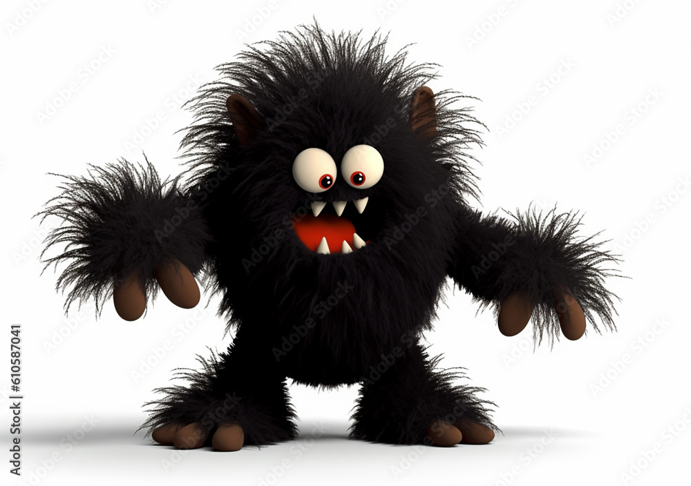 A cute black ruffled monster with fluffy fur and big bulging eyes. Generative AI. A cute black ruffled monster with fluffy fur and big bulging eyes. Generative AI.
