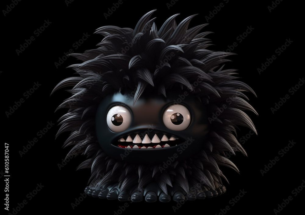 A cute black ruffled monster with fluffy fur and big bulging eyes. Generative AI.