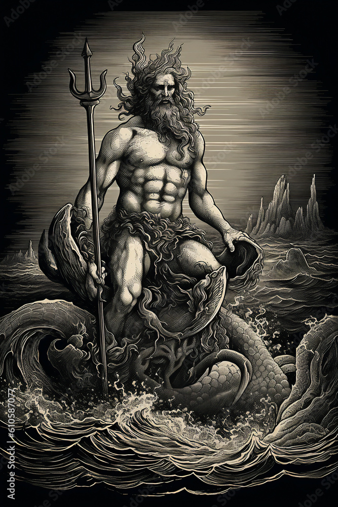 Engraving portrait of Neptune the Roman god of the sea who #39 s Greek Engraving portrait of Neptune the Roman god of the sea who #39 s Greek