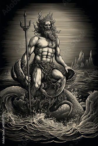 Engraving portrait of Neptune the Roman god of the sea who's Greek equivalent is Poseidon in classic ancient mythology, computer Generative AI stock illustration image