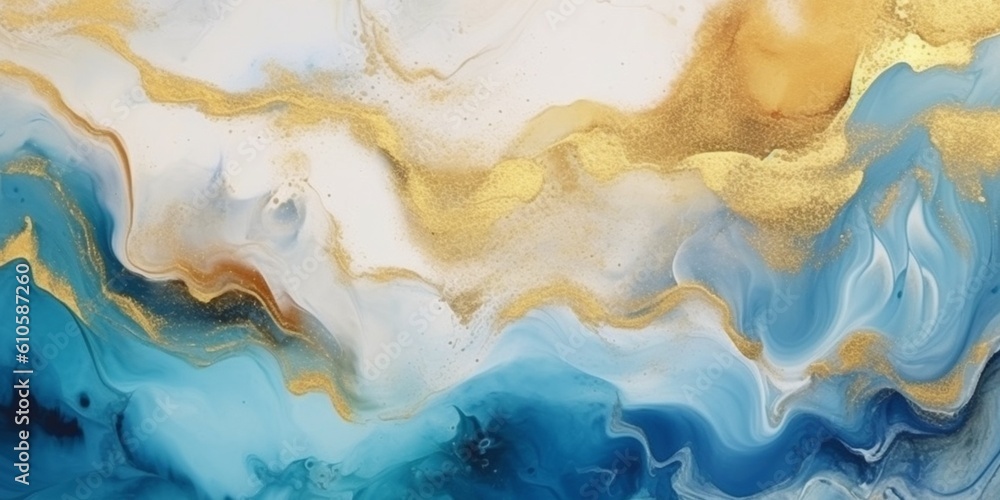 Fototapeta premium Abstract blue and gold marble texture with gold splashes, blue luxury background, Natural luxury abstract fluid art watercolor in alcohol ink technique, Generative AI