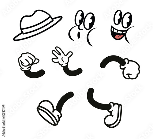 Vintage cartoon limbs set: legs, arms, faces and a hat. Comic funny 1930's mascot body parts, vector