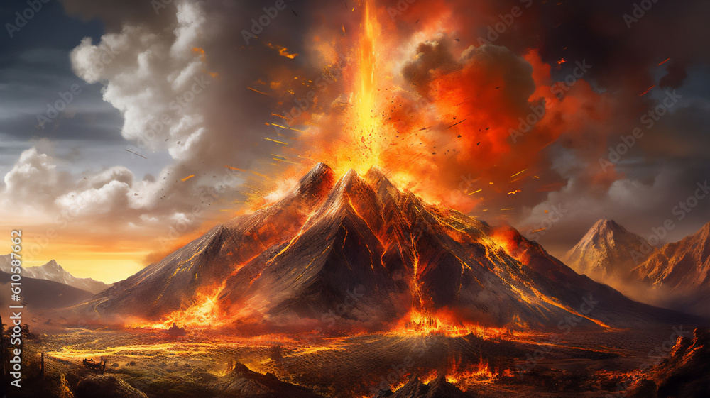 Volcano eruption creating an explosive mix of volcanic ash and molten rock lava from its crater which will lead to an erupting pyroclastic flow, computer Generative AI stock illustration image Volcano eruption creating an explosive mix of volcanic ash and molten rock lava from its crater which will lead to an erupting pyroclastic flow, computer Generative AI stock illustration image