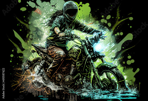 Watercolour abstract paintingof an off-road motorcyle and rider where the motorbike is driving through mud, dirt and water at an extreme sport event, computer Generative AI stock illustration image