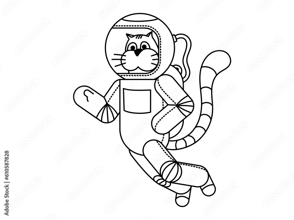 The astronaut cat soars in the airless space of space and waves his hand. Colorless outline illustration or coloring book for children.