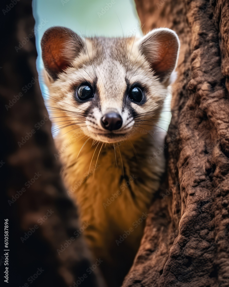 Obraz premium Generative ai illustration of a Marten, climbing a pine tree trunk, making eye contact.