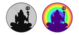 Round icon with the silhouette of the Indian god Shiva. Rainbow yogic themed sticker.