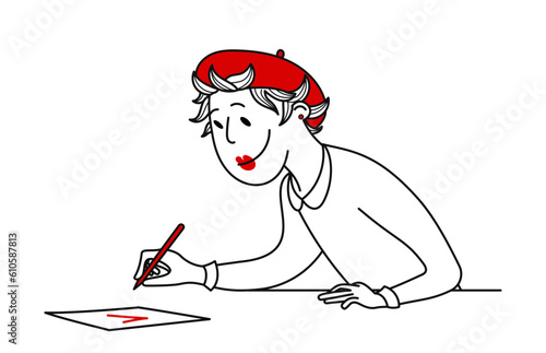A woman in a red biret checks a document.