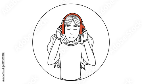 The girl listens to music in big red headphones.