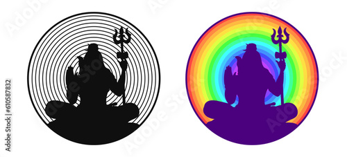 Round icon with the silhouette of the Indian god Shiva. Rainbow yogic themed sticker.