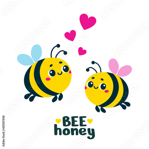A couple of cute cartoon bees in love. Summer vector illustration for children with text