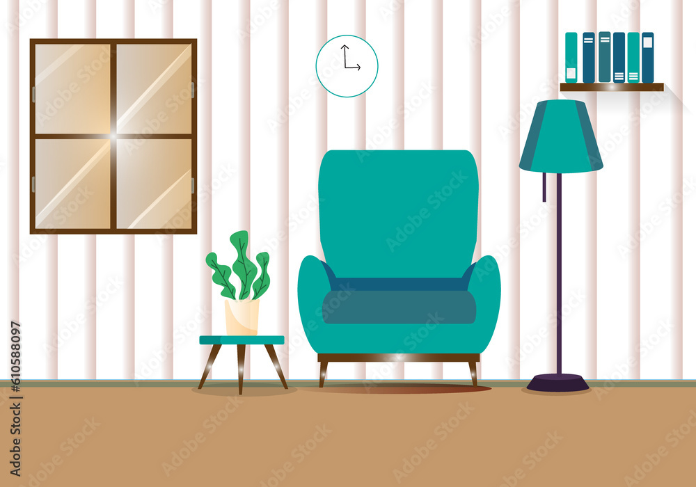 room background with a chair , table , lamp , clock , shelf, books , window