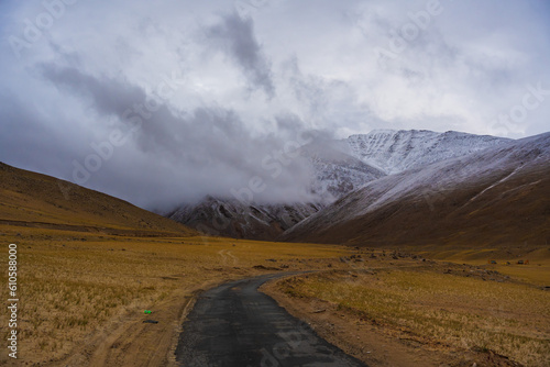 the road, snow cover the mountain, and Tso Kar lake, Beautiful scenery along the way at Ladakh, India