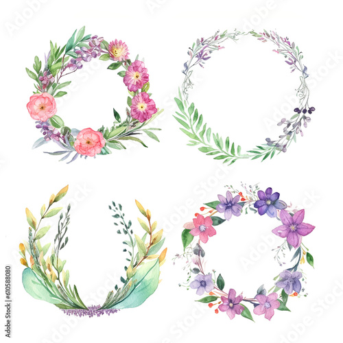 Watercolor floral wreath set. Beautiful wreath. Elegant floral collection with isolated blue pink leaves and flowers  hand drawn watercolor. Design for invitation  wedding or greeting cards