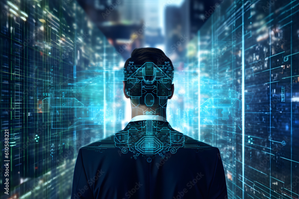 Businessman touching hologram data map, network, ai, artificial intelligence, virtual space, science technology Businessman touching hologram data map, network, ai, artificial intelligence, virtual space, science technology