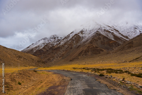 the road, snow cover the mountain, and Tso Kar lake, Beautiful scenery along the way at Ladakh, India