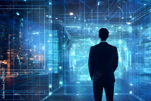 Businessman touching hologram data map, network, ai, artificial intelligence, virtual space, science technology