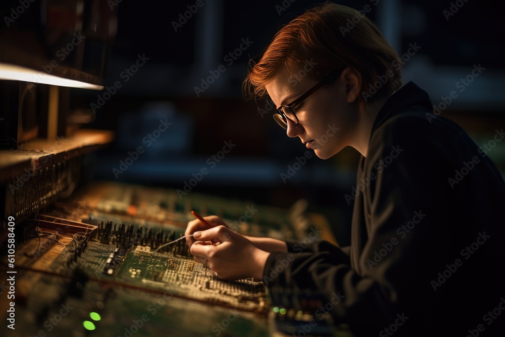 Technician working on a complex array of electronic components. Generative AI Technician working on a complex array of electronic components. Generative AI