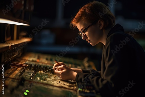 Technician working on a complex array of electronic components. Generative AI