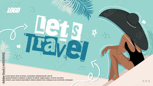 travel banner concept with beautiful young tanned girl in a black swimsuit on the pool