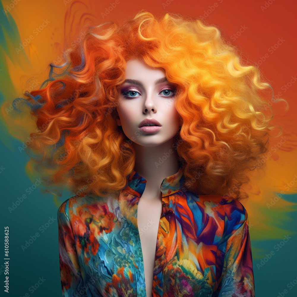 Portrait of a beautiful young woman with bright makeup and curly orange hair. Beauty art. Young woman with pink makeup and long curly hair over colorful background. AI generated Portrait of a beautiful young woman with bright makeup and curly orange hair. Beauty art. Young woman with pink makeup and long curly hair over colorful background. AI generated