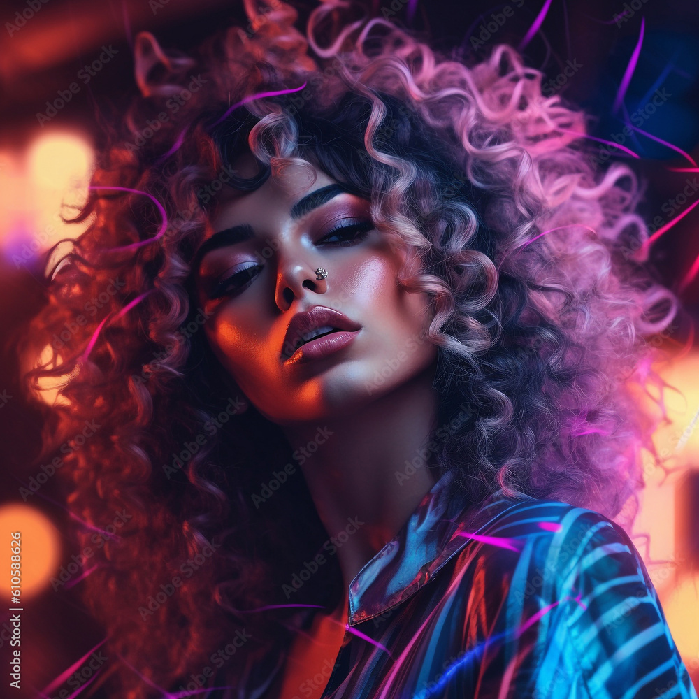 Fashion Portrait of a beautiful woman with curly hair over blue neon light at night. Beautiful young latin woman with long curly hairstyle in leather jacket.  Art futuristic portrait. AI generated