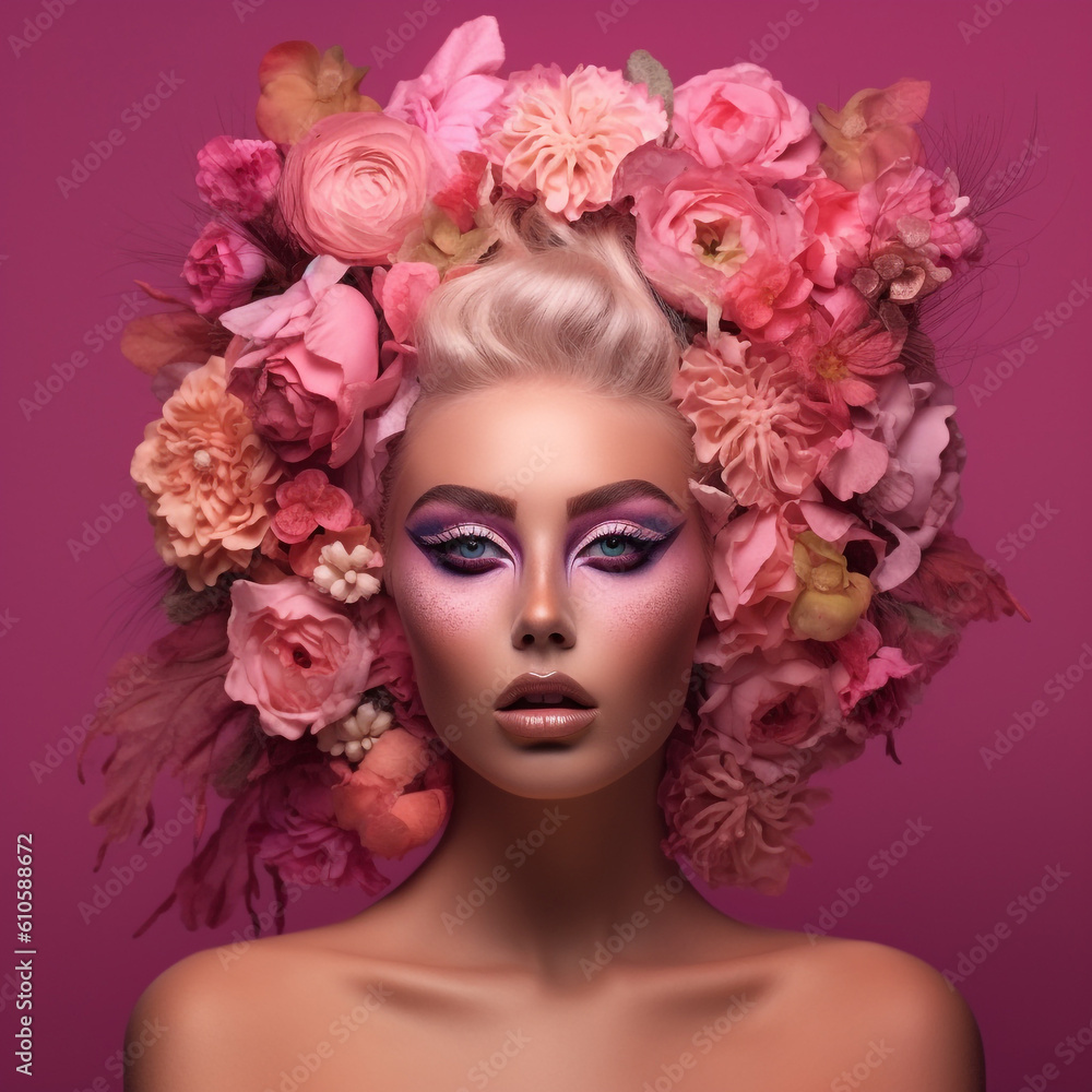 Fashion portrait of beautiful young woman with pink  flowers in her hair,  pink background.  Beauty, Fashion. Girl with Fashionable pink makeup and hairstyle.  Art portrait.  AI generated