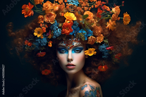 Fashion portrait of beautiful young woman with flowers in her hair, over dark background.  Beauty, Fashion. Girl with Fashionable creative makeup and hairstyle.  Art portrait. Fac art.   AI generated