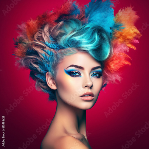 Fashion portrait of beautiful young woman with flowers and feathers in hair, red background. Beauty. Girl with Fashionable creative multi colored makeup and hairstyle. Art portrait. AI generated