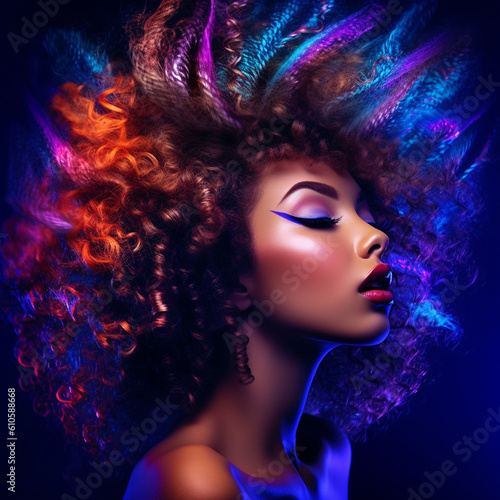 Fashion Portrait of a beautiful woman with curly hair with neon colors  blue background. Beautiful young latin woman with long curly hairstyle  profile portrait.  Art futuristic portrait. AI generated