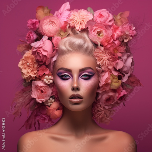 Fashion portrait of beautiful young woman with pink  flowers in her hair   pink background.  Beauty  Fashion. Girl with Fashionable pink makeup and hairstyle.  Art portrait.  AI generated