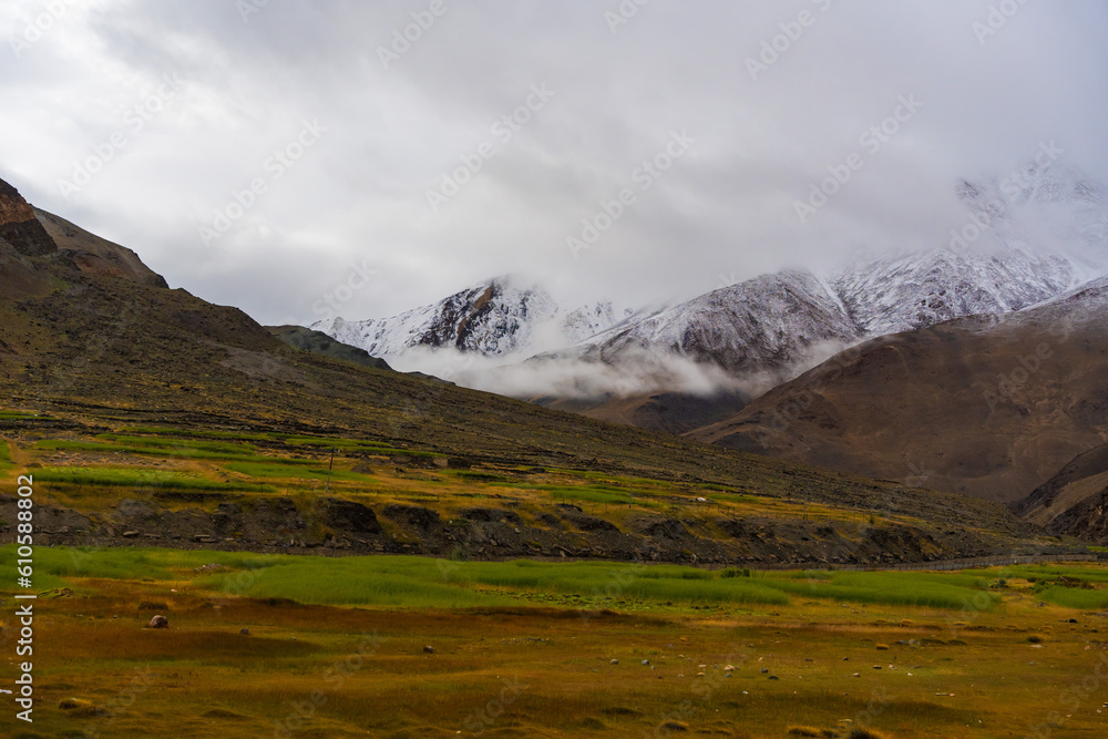 beautiful scenery of fields and houses of Hanle village, the background is surrounded by mountains at Ladakh, India