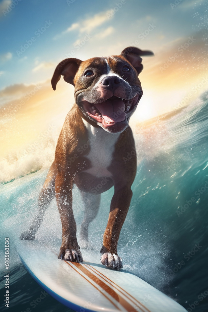 cooler fröhlicher Staffordshire Bullterrier Hund beim surfen auf einem Surfboard im Meer mit großen Wellen. Hochformat. Hochkant. Generative Ai.
