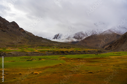 beautiful scenery of fields and houses of Hanle village, the background is surrounded by mountains at Ladakh, India