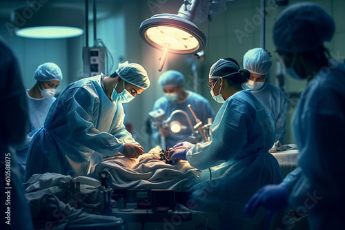 Modern surgery taking place in a modern surgical room - three surgeons of different races bend over covered patient, nurses are seen in the background. Generative AI.