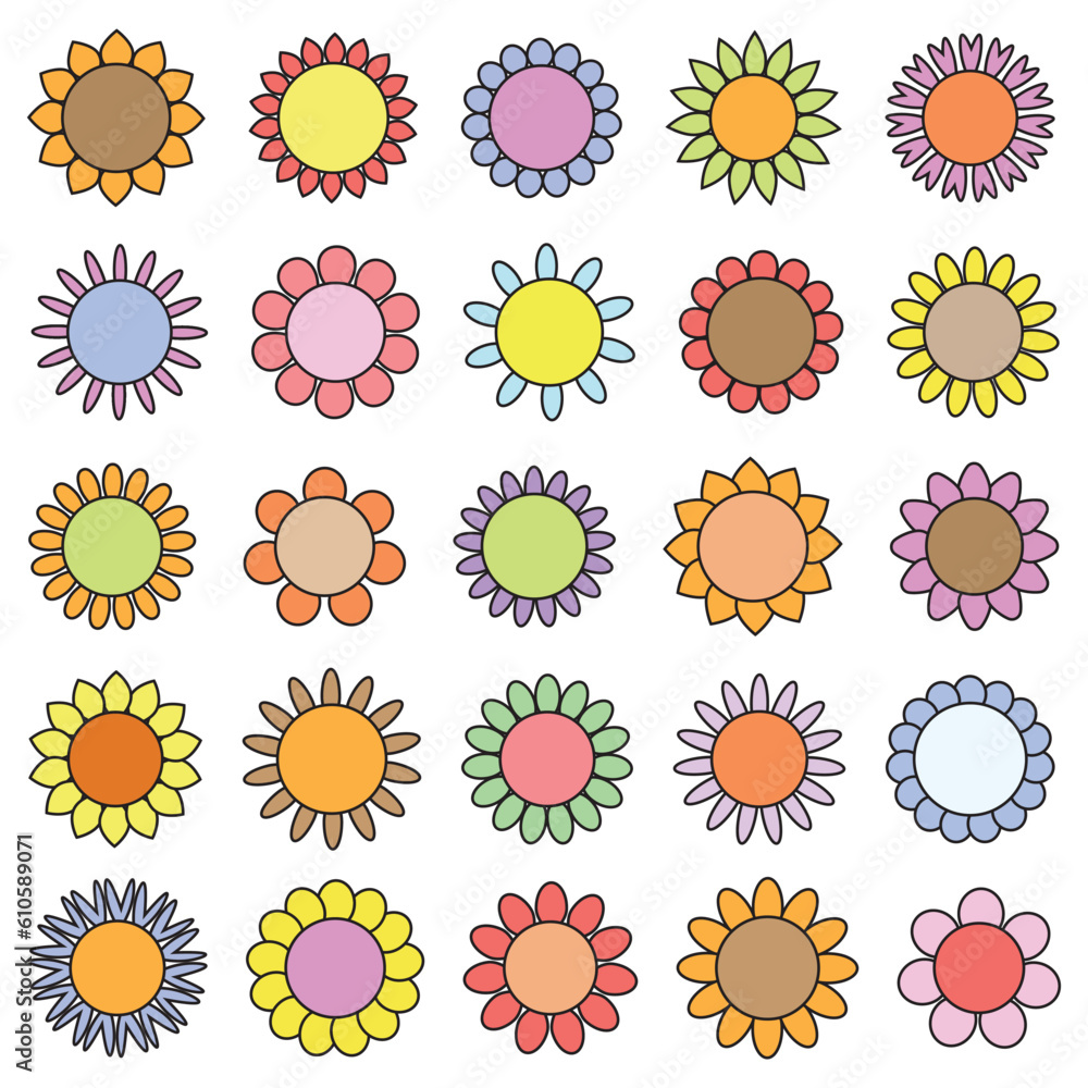 Fototapeta premium Colorful flowers vector set. Simple flower blossom icons in flat style.