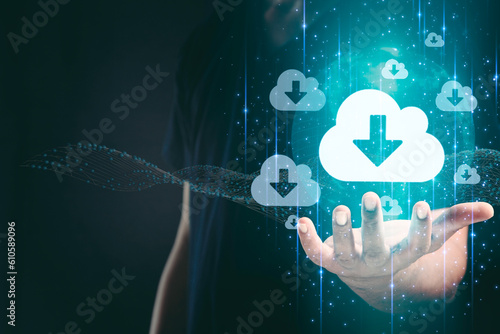 big data download from cloud computing concept. Man holding global cloud hologram to download business information, media files. Cloud computing technology, intelligent cloud storage on the Internet