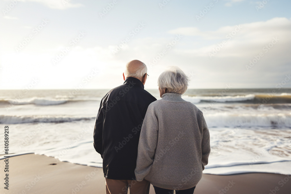 Couple on the beach, Senior man and woman in front of the sea, ai generated