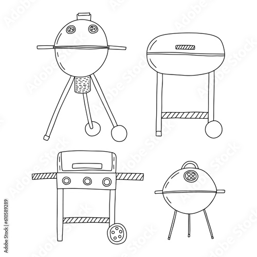 Different kinds of smokers BBQ sketch set. Vector hand drawn charcoal kettles and barbecue grills set
