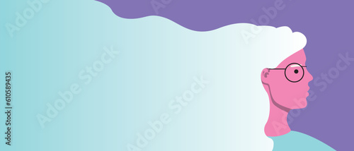 Visually impaired natural beautiful woman with gray hair as copy space template or flat vector stock illustration