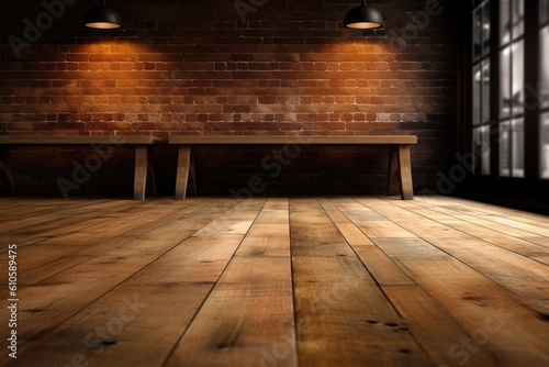 A wooden table in the background. Flooring. Blank space Mockup. Generative AI