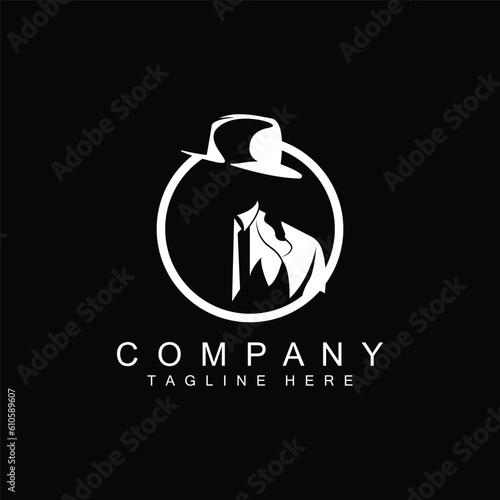 Detective Man Logo Design, Mafia Detective Fashion Tuxedo And Hat Illustration Vector, BlackMan Businesman Icon