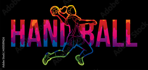 Handball Sport Female Player Action with Text Cartoon Graphic Vector