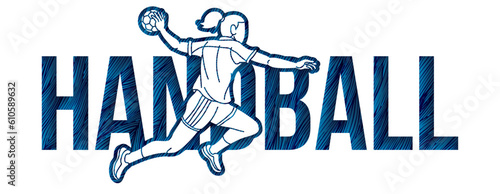 Handball Sport Female Player Action with Text Cartoon Graphic Vector