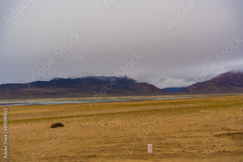 withered grass field, snow covered mountains, cloudy sky at the way from Moriri lake to Leh city, Ladakh, India