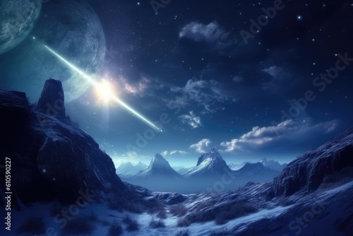 Winter scene with a majestic mountain peak, a star-filled sky, nebula and comet. Generative AI