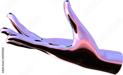3d chrome metal hand with transparent background, surreal hand, psychedelic aesthetic
